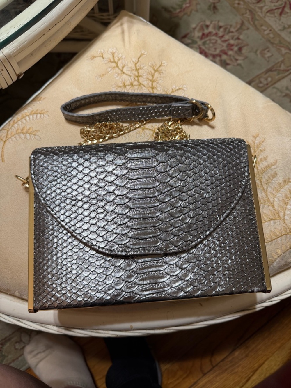 Madison West Metallic Gunmetal Snake-Embossed Crossbody